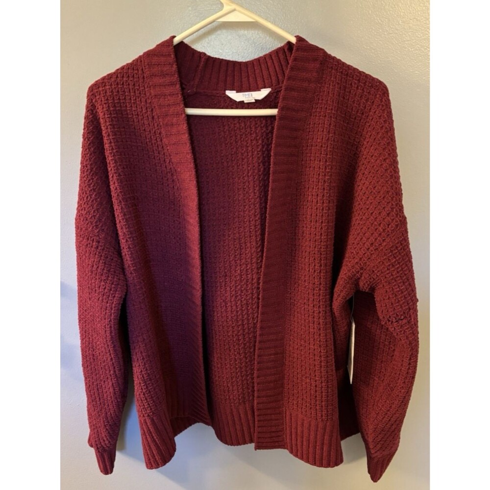 Time and Tru Maroon Red Waffle Knit Open Front Cardigan Sweater Size L (12-14)